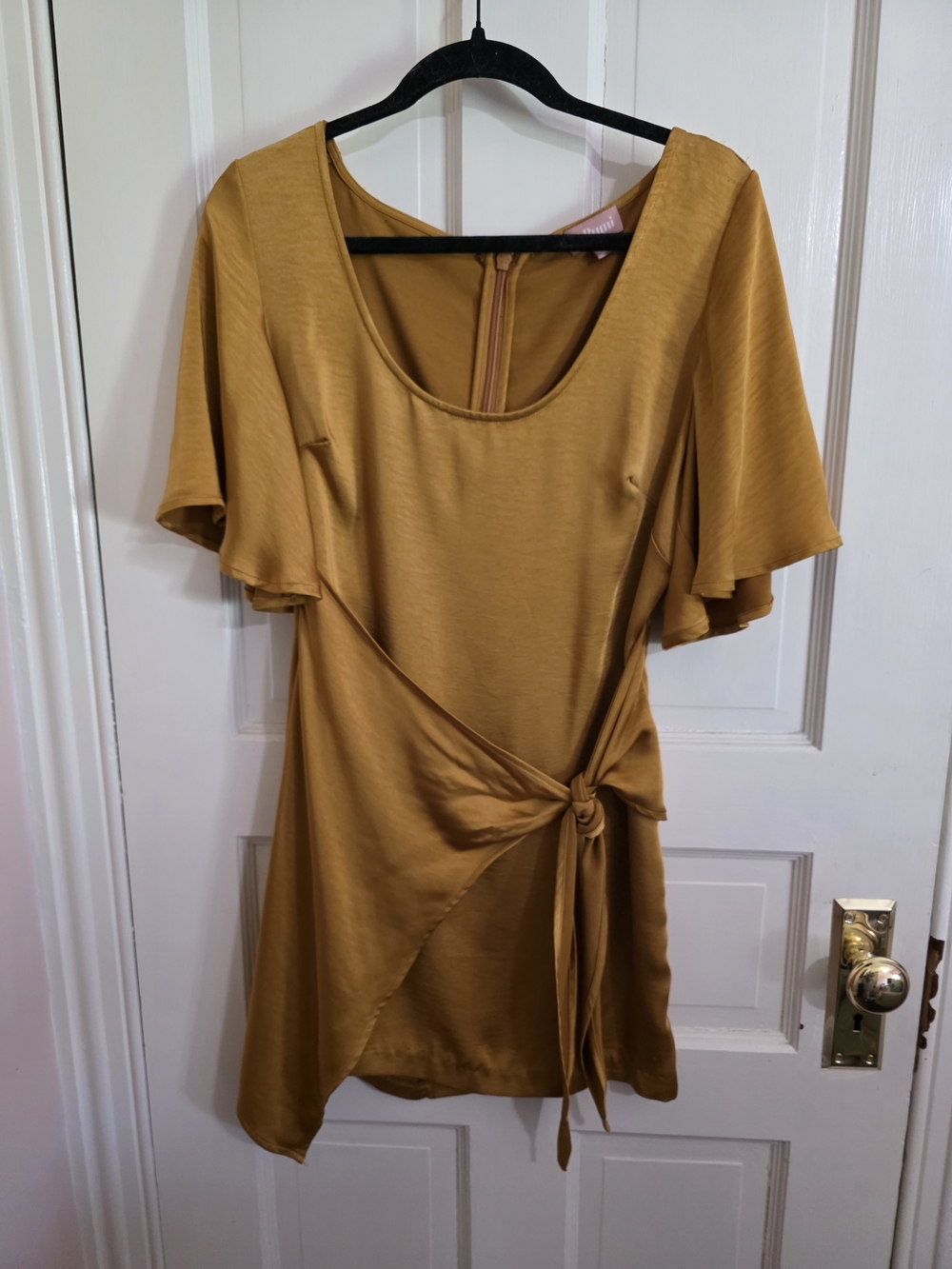 Mustard Tie-Waist Mini Dress with Flutter Sleeves